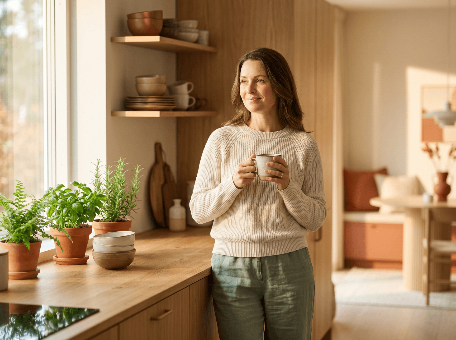 Frau in heller Küche mit Kaffee — Lebensqualität statt Diät